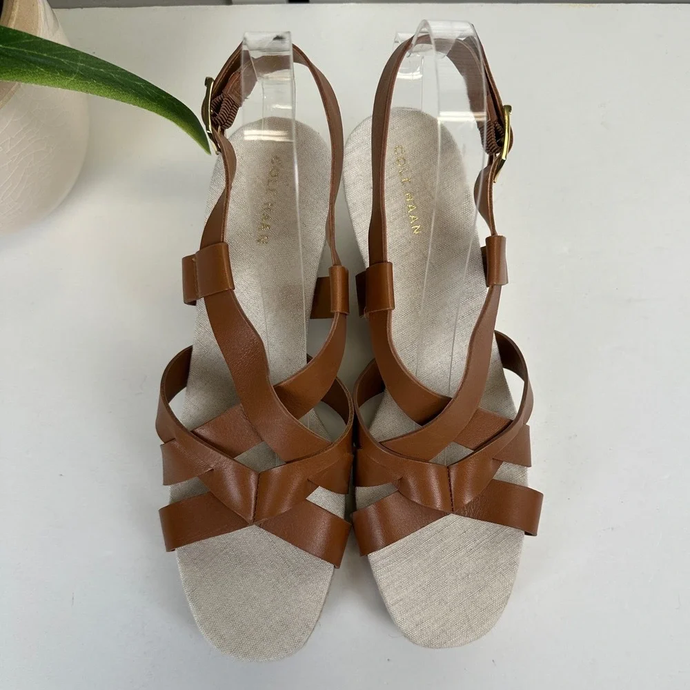 Cole Haan Crystal Wedge Sandal Tan Faux Leather Strappy‎ Espadrille Shoe Size 9B